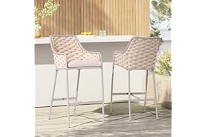 SUNSITT Outdoor Bar Stools Set of 2, 31.8” Patio Metal Counter Height Chairs w/Weather-Resistant Cushion, Woven Rope Design Modern Bar Height Outdoor Chairs w/Armrest Champagne for Garden Poolside