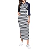 MISSKY Women 3/4 Sleeve Quarter-Zip Neck Casual Pocket Slim Maxi Pullover Hoodie Dress,Black and White Stripe-S-Front Pocket