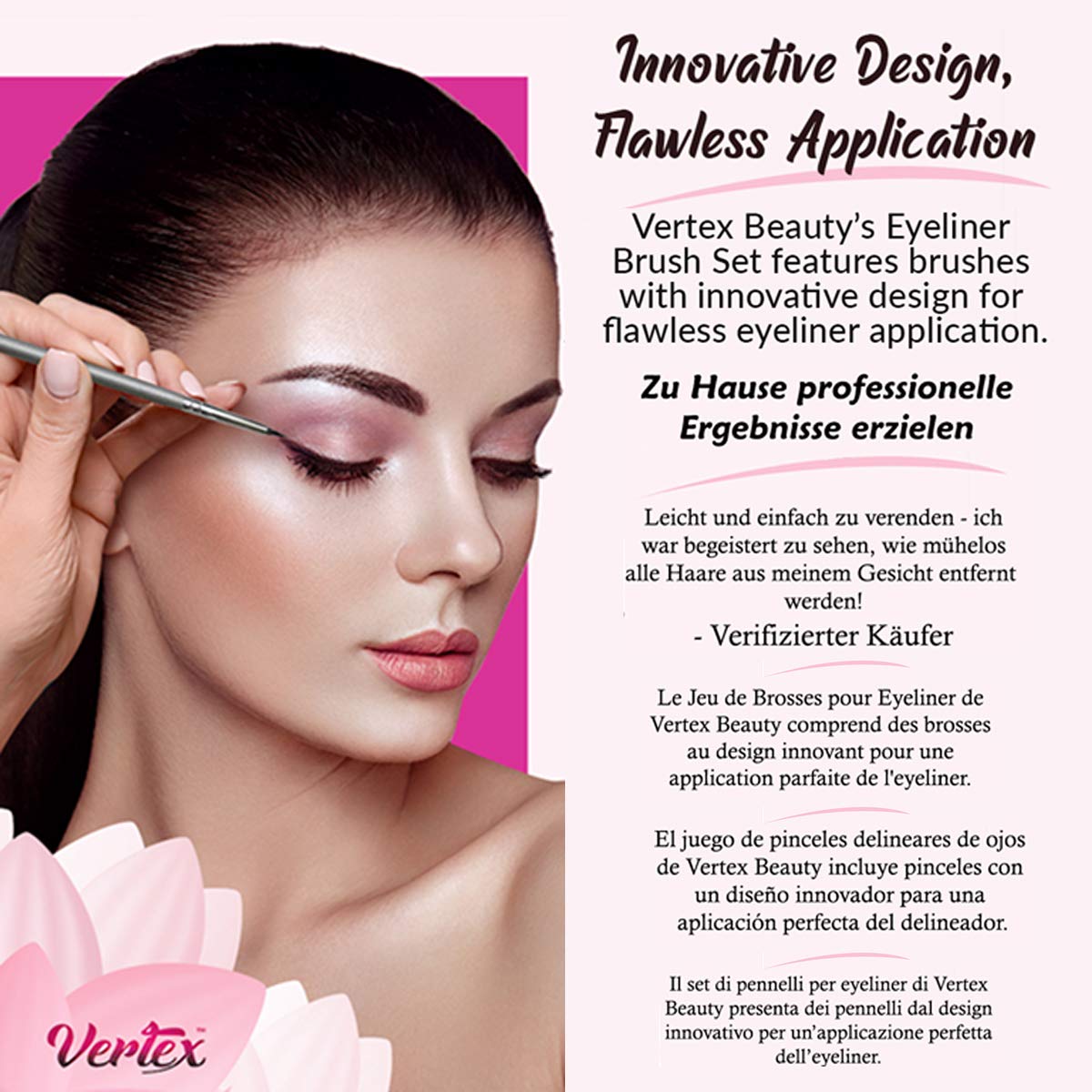 Vertex Beauty Eyeliner Brush Set - Fine, Angled, Winged, Firm, and Flat Brushes - Liquid or Gel Eyeliner Applicator - Pencil-Point Thin Bristles for Detailed Precision Eye Liner Makeup Brush Set (4 Brush Set): Beauty