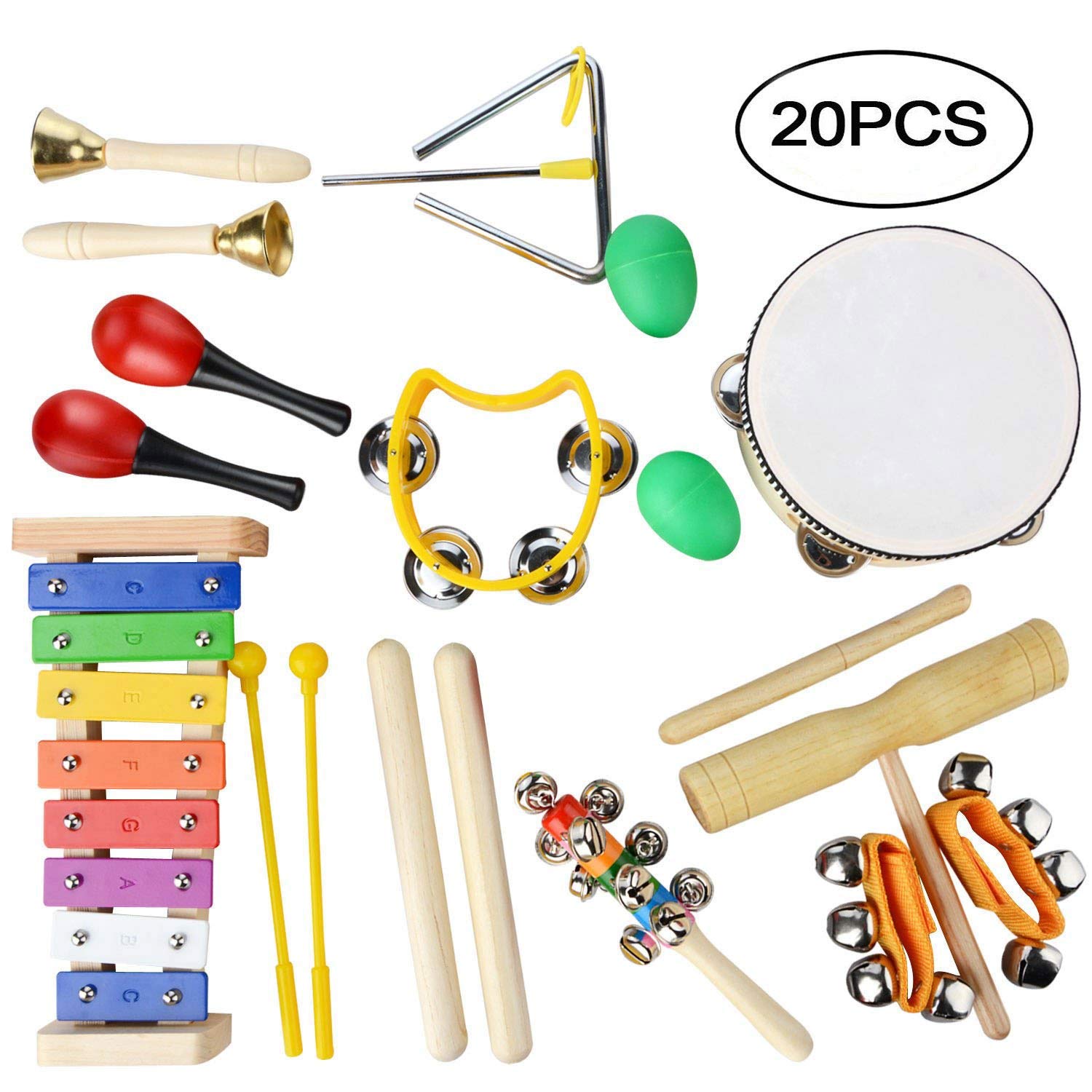 MUITOBOM 20 Pcs Toddler & Baby Musical Instruments Set – Percussion Toy Fun Toddlers Toys Wooden Xylophone Glockenspiel Toy Rhythm Band Set, Percussion Set for Kids of All Ages