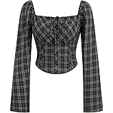 CIDER Plaid Long Sleeve Crop Top Square Neck Tie Front Fashion Blouse