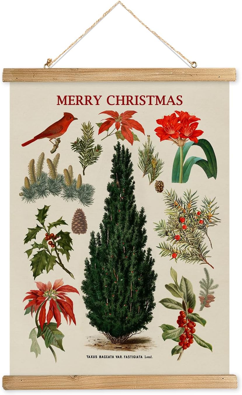Tree Stands - XIAOAIKA Vintage Christmas Tree Wall Decor Printed on Linen Fabric with Scroll Style Wooden Frame: Festive Plants and Red Bird Design for Home and Holiday Celebrations (16