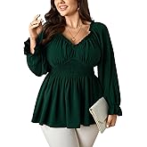 SCOMCHIC Womens Plus Size Tops Long Sleeve Blouse Ruffle Sweetheart Neckline Smocked Peplum Babydoll Top