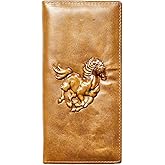 AurexaFashion Genuine Leather Bifold Long Wallet for Men, Retro Vintage Embossed Clutch with Zipped Coin purse & Credit card Slots. RFID Blocking. Horse- Tan Cognac