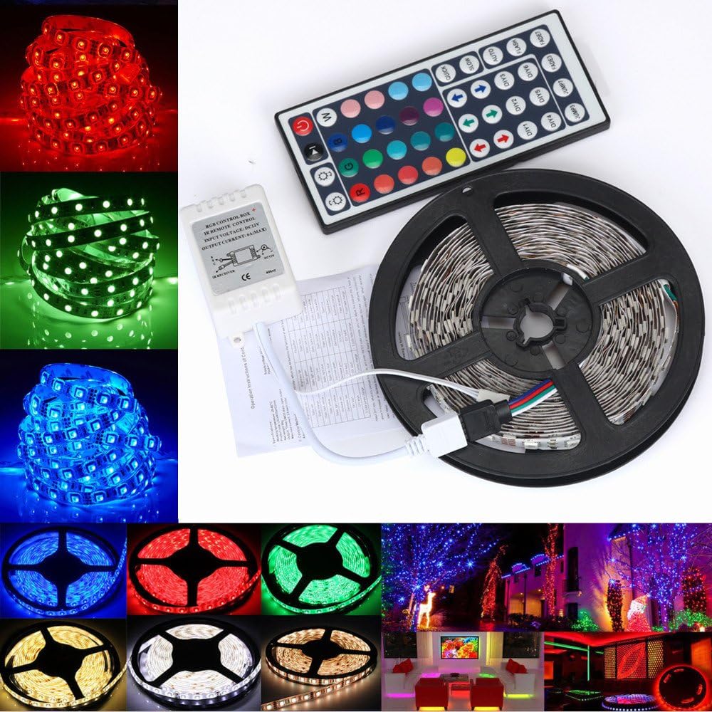 ALISIAM 5M RGB 3528 300 Led SMD Flexible Light Strip Lamp,TV Lighting Decoration &Home Kitchen Cabinet Lighting,Lighting Full Kit with 44 Key IR Remote Controller