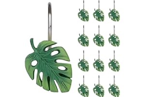 Tropical Leaf Decorative Shower Curtain Hooks Green Botanical Shower Curtain Rings, Resin, Monstera Deliciosa Leaves Shower C