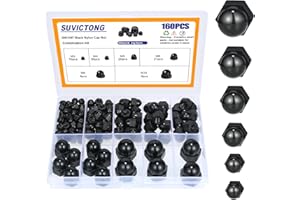 SUVICTONG 160pcs Acorn Cap Nuts,Metric Black Nylon Acorn Nuts Assortment Kit,Black Nylon Dome Acorn Bolt Cup Nuts Set for Protecting Hexagon Shaped Screws Bolts M3 M4 M5 M6 M8 M10