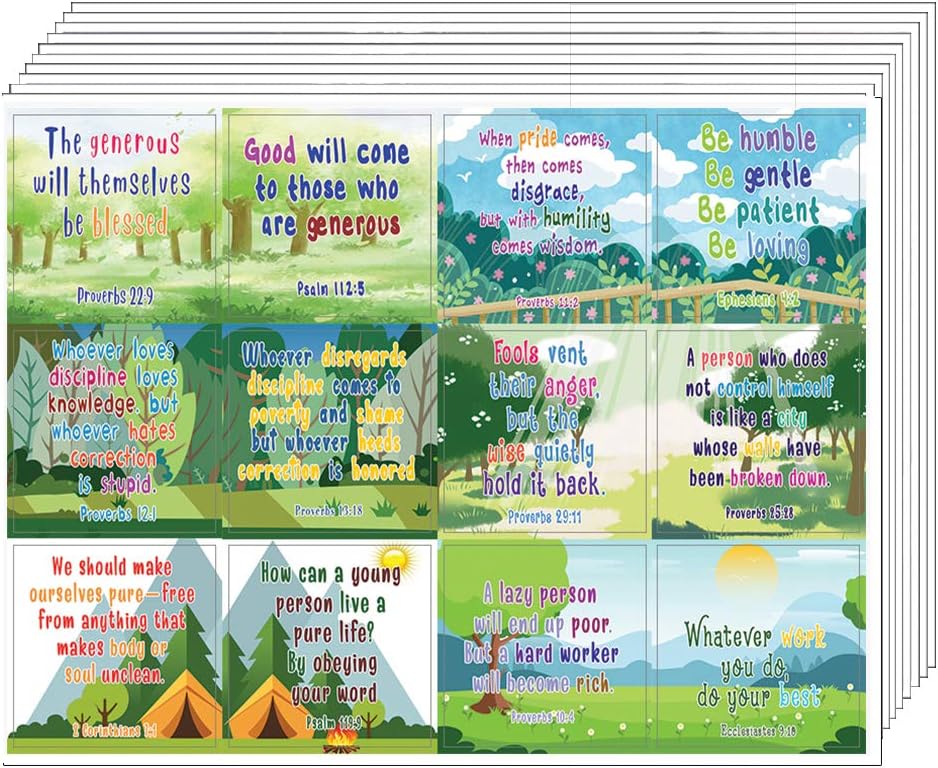 NewEights Christian Character Building Stickers for Kids Series 2 (5 Sheet) - Total 60 pcs (5 x 12pcs) Individual Small Size 2.1 x 2 Inches, Waterproof, Unique Designs, Great Variety Colorful Stickers