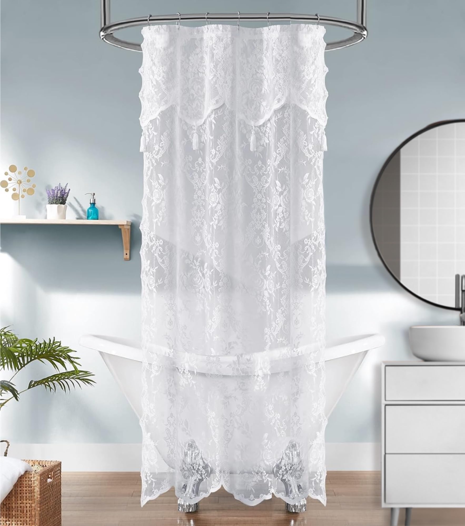 Warm Home Designs White Stall Shower Curtain 36 x 72 Inches with Attached Valance & 4 Tassels. Luxury Lace Small Shower Curtain for The Bathroom or RV Shower Curtain. LA White 36"