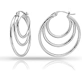 Hoops & Loops 925 Sterling Silver Triple Hoop Earrings for Women, Layered Stacked Trendy Round-Tube High Polished Hoops, Two-Tone 14K Gold, Rose Gold Flash Plated 20mm, 25mm, 30mm, 35mm