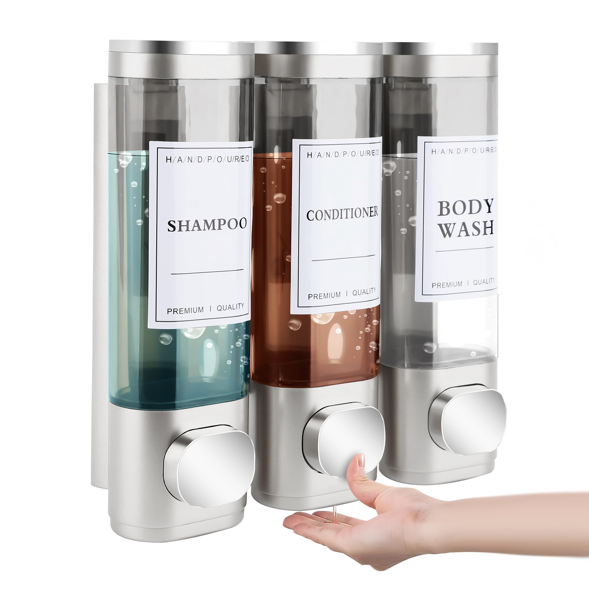 MEKOTRIN Soap Dispenser, 3 Chamber Shampoo and Conditioner Dispenser, Wall Mounted Shower Gel Dispensers with Waterproof Labels for Bathroom Accessories (3 * 300ml, Silver)