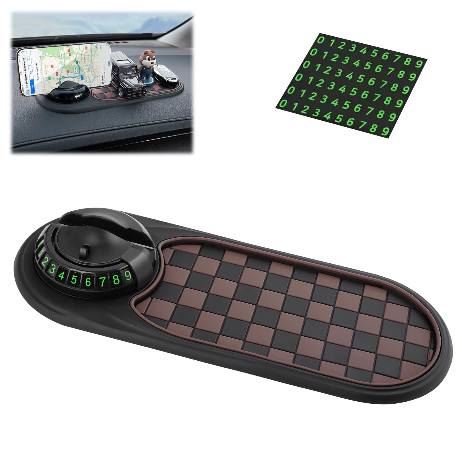 Photo 1 of Multifunction Car Anti-Slip Mat Auto Phone Holder, Rotatable Anti Skid Car Dashboard Pad with Temporary Parking Numbe, Universal Car Anti-Slip Mat for Phones Sunglasses Keys Gadgets (Brown)