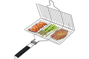 YQkangzhu Fish Grill Basket, Shallow Grill Basket, Folding Portable Outdoor Non-Stick Grilling Basket, Stainless Steel BBQ Gr