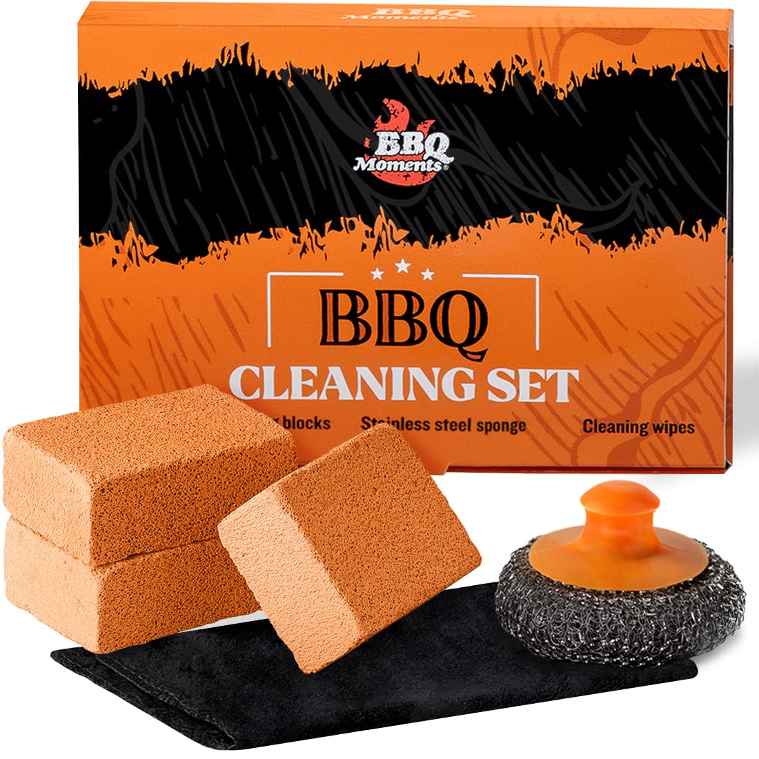 BBQ Moments BBQ Cleaning Tools, Stainless Steel Grill Cleaning Brush, Scrubber Block Pumice Stone & Compressed Towel Tablet Set - 3 Pcs Barbecue Brick