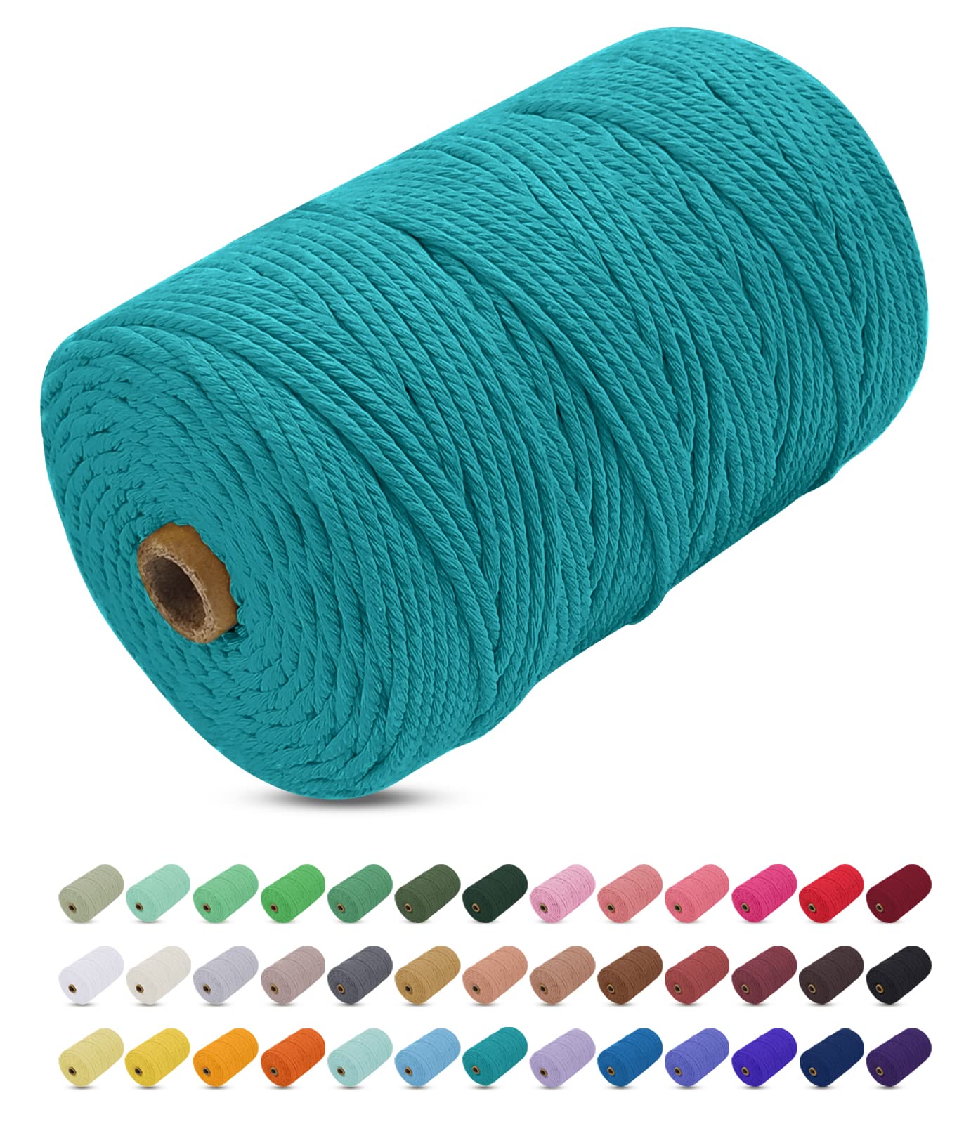 Uiopa Macrame Cord 3mm x 200m, Thick Macrame Rope Yarn Soft Natural Cotton Cord, Coloured 4-Ply Macrame String for DIY Craft, Plant Hangers, Wall Hanging, Christmas Decorations (Peacock Blue)