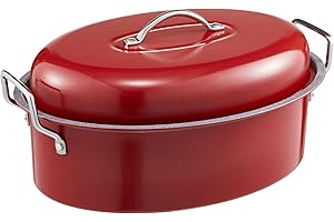 HONGBAKE 18 Inch Turkey Roasting Pan with Rack and Lid – Large Red Carbon Steel Roaster Pan for 20 lb Turkey, Oven Safe Baking Pan for Holiday Meals & Thanksgiving