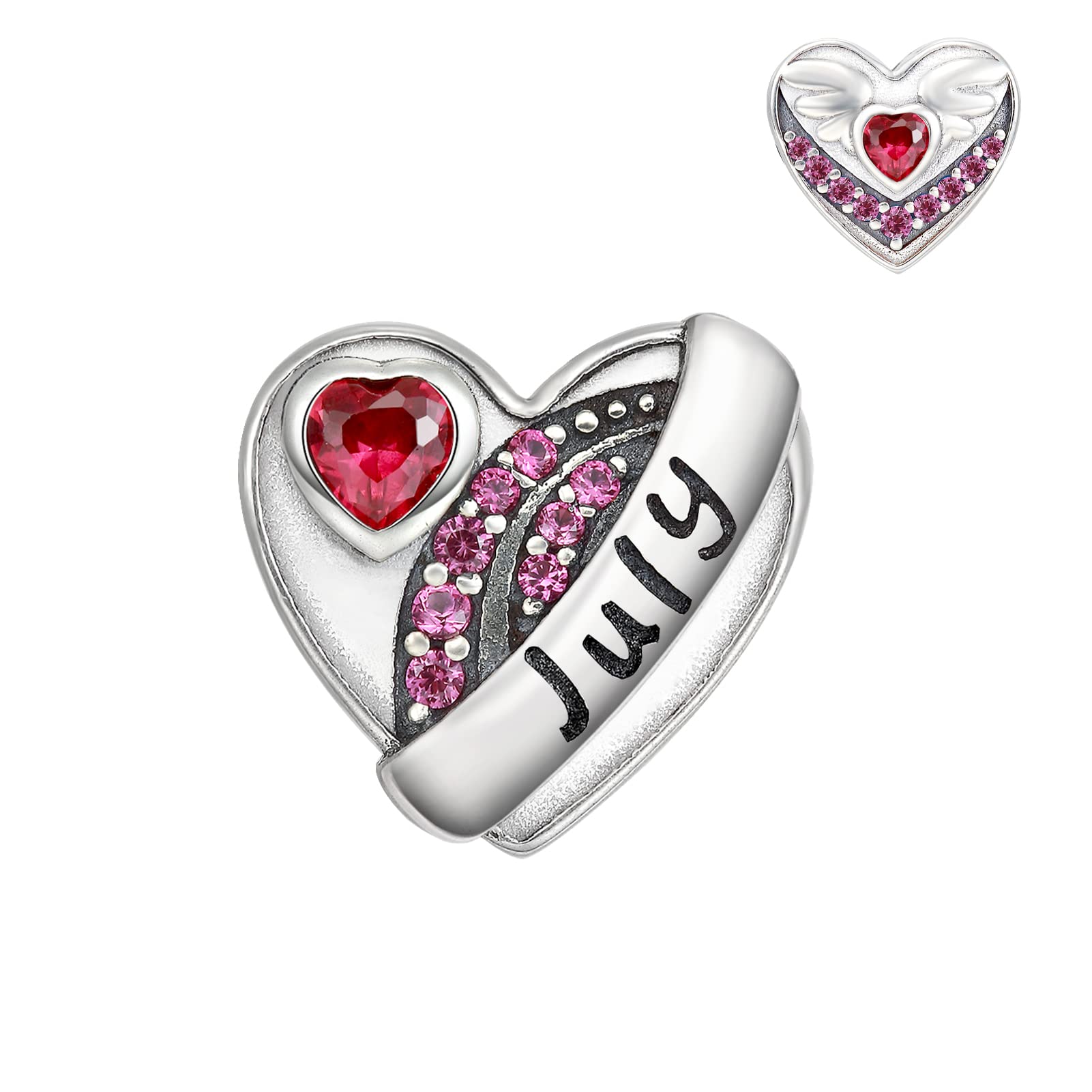 Qings July Birthstone Charms for Bracelet Sterling Silver 925 Love Heart Ruby Birth Stone Angle Wing Cubic Zirconia Bead Charm Fit for Bracelets Necklace Birthday Jewellery Gifts for Women Girls