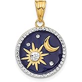 14k Yellow Gold and Rhodium Two-Tone Celestial Pendant with Sun Moon and Stars, Blue Enamel Round Medallion, Spiritual Balance Symbol Jewelry, Astrology Zodiac Necklace for Women 19 mm x 17 mm