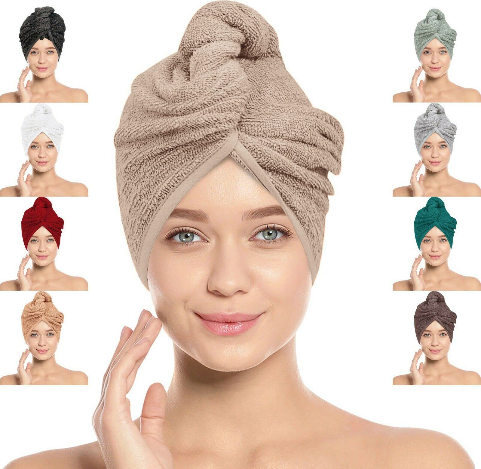 LOOM KNIT Hair Towel Wrap Lightweight Turban, Instant Drying 100% Cotton Cap Super Quick Absorbent Anti-Frizz Twist Toweling Dry Hat with Button and Loop for Long Curly Hairs, Beige, Twin Pack