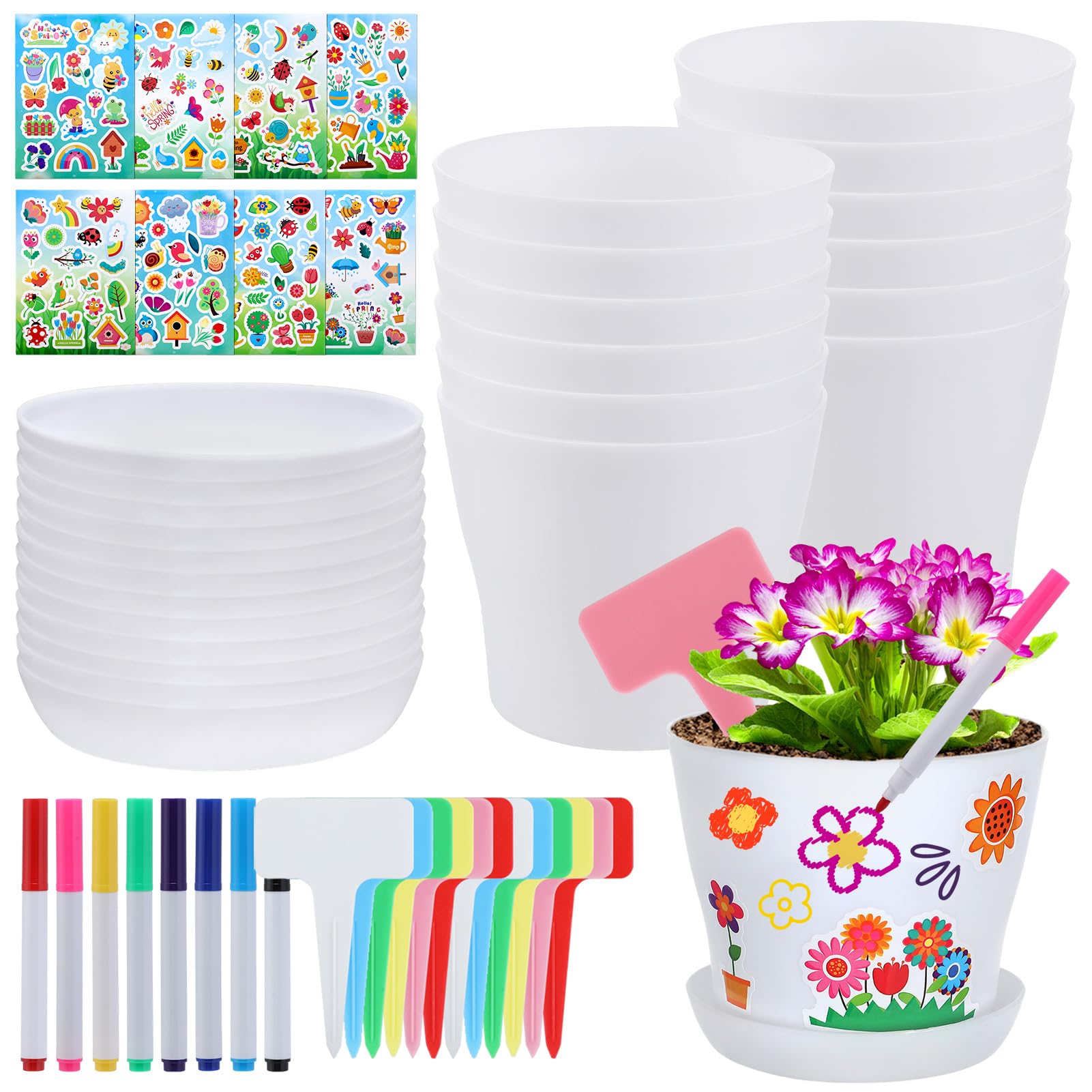 Cosweet 12 Set Paintable Flower Pot Craft Kit - with Watercolor Pens, Plant Labels, and Stickers – DIY Gardening Gift for Kids, Fun Activity for Boys and Girls