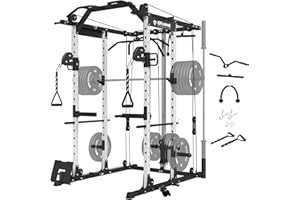 ER KANG Power Cage, 1500LBS Rack Cage with Cable Crossover System, Multi-Function Workout Weight J-Hooks, Band Pegs, Battle Rope Ring Home Gym(White Only) NK6-W