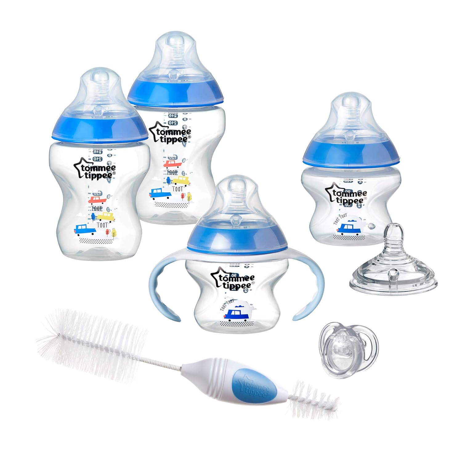 Tommee Tippee Newborn Baby Bottle Feeding Starter Set - Includes Breast-Like Nipples, Bottle Handles, Newborn Pacifier, Bottle & Nipple Cleaning Brush -Blue, Boy (Design May Vary) : Baby
