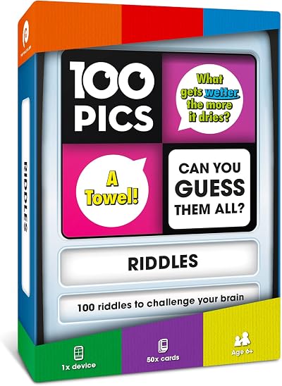 100 PICS Riddles Travel Card Game - Family Quiz, Pocket Puzzles for Kids &