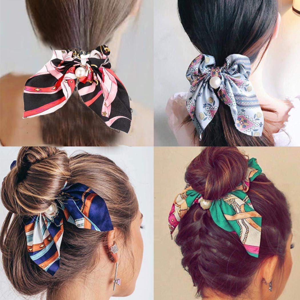 Genglass Pearl Hair Scrunchies Blue Hair Ties Elastics Bowknot Hair Rope Ponytail Holders Hair Accessories for Women and Girls Pack of 4
