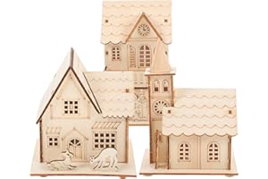 Zerodeko Tiny Home 3pcs Christmas Glowing Wood Village, Micro House Landscape Decorations Christmas Village Houses Xmas Desktop Ornaments LED Luminous House with Figurines Tiny House