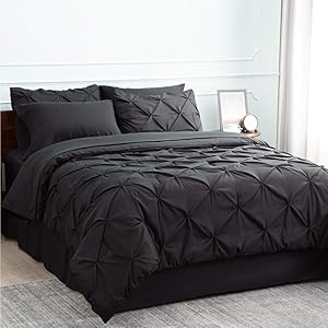 Bedsure Black Comforter Set Black Twin Comforter Black Twin Comforter Set 6 Pieces - 1 Comforter 68x88 Inches, 1 Pillow Sham, 1 Flat Sheet, 1 Fitted Sheet, 1 Bed Skirt, 1 Pillowcase