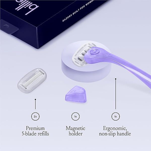 BILLIE RAZORS FOR WOMEN SHAVE KIT – WOMEN’S RAZOR + 2 X 5-BLADE RAZOR REFILLS + MAGNETIC HOLDER – MOONBEAM