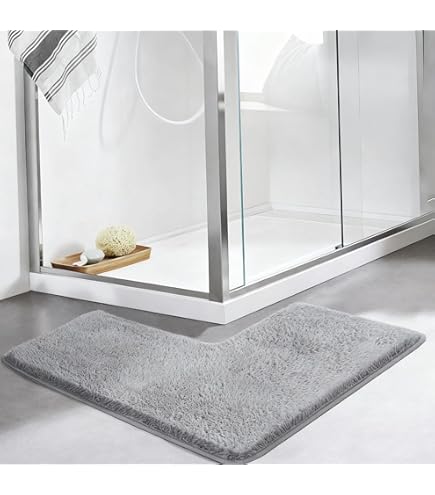 L-Shaped Corner Bath Mat - Plush Water Absorbent Bathroom Rug, Non- Shower Mat For Square Spaces, Soft Floor Carpet For Living Room & Bedside Decor