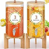 FillTouch 2 Pack 3 Gallon Glass Drink Dispensers for Parties, Beverage Dispensers with Stand, Spigot and Bamboo Lid Leakproof for Juice, Tea, Water, Lemonade and Party Drinks