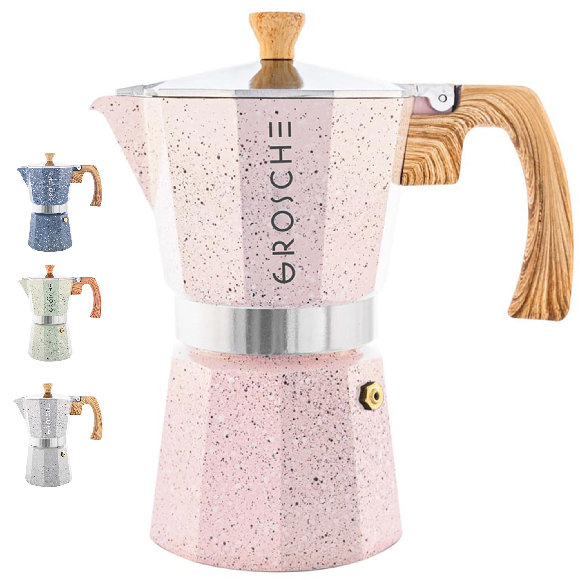GROSCHE Milano Moka pot, Stovetop Espresso maker, Greca Coffee Maker, Stovetop coffee maker and espresso maker percolator (Pink, 6 cup)