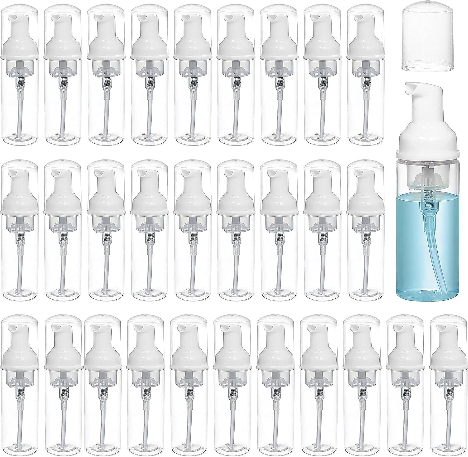 Xaztr 30Pcs Empty Foam Pump Bottles, 50ml Plastic Travel Foam Pump Bottle, Mini Refillable Dispenser Soap Bottle for Travel Hand Soap Shampoo, BPA Free