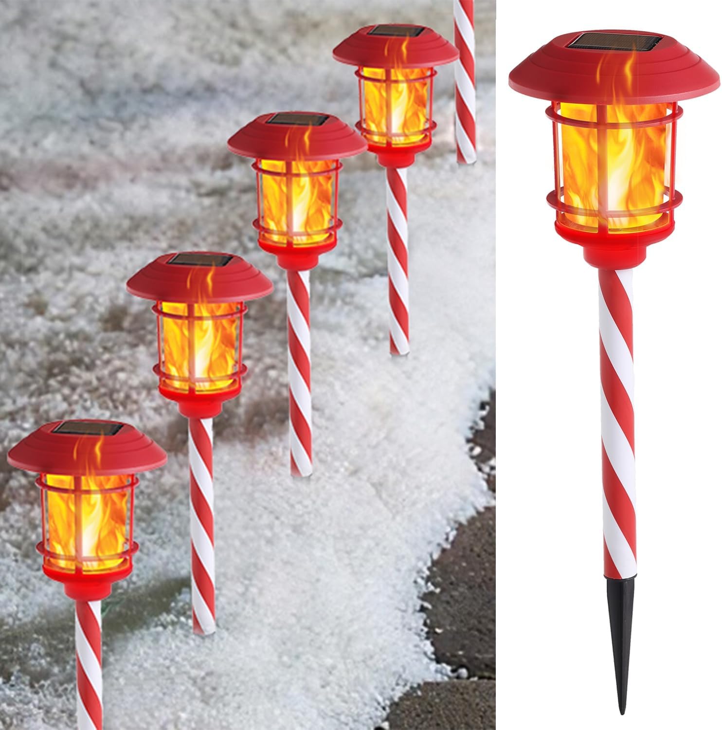 Lighting - Dynaming 6 Pack Christmas Solar Torch Lights Outdoor, Flickering Flame Torch Candy Cane Marker, Solar Powered Xmas Decorative Lights, Waterproof & Auto On/Off for Patio Walkway Driveway