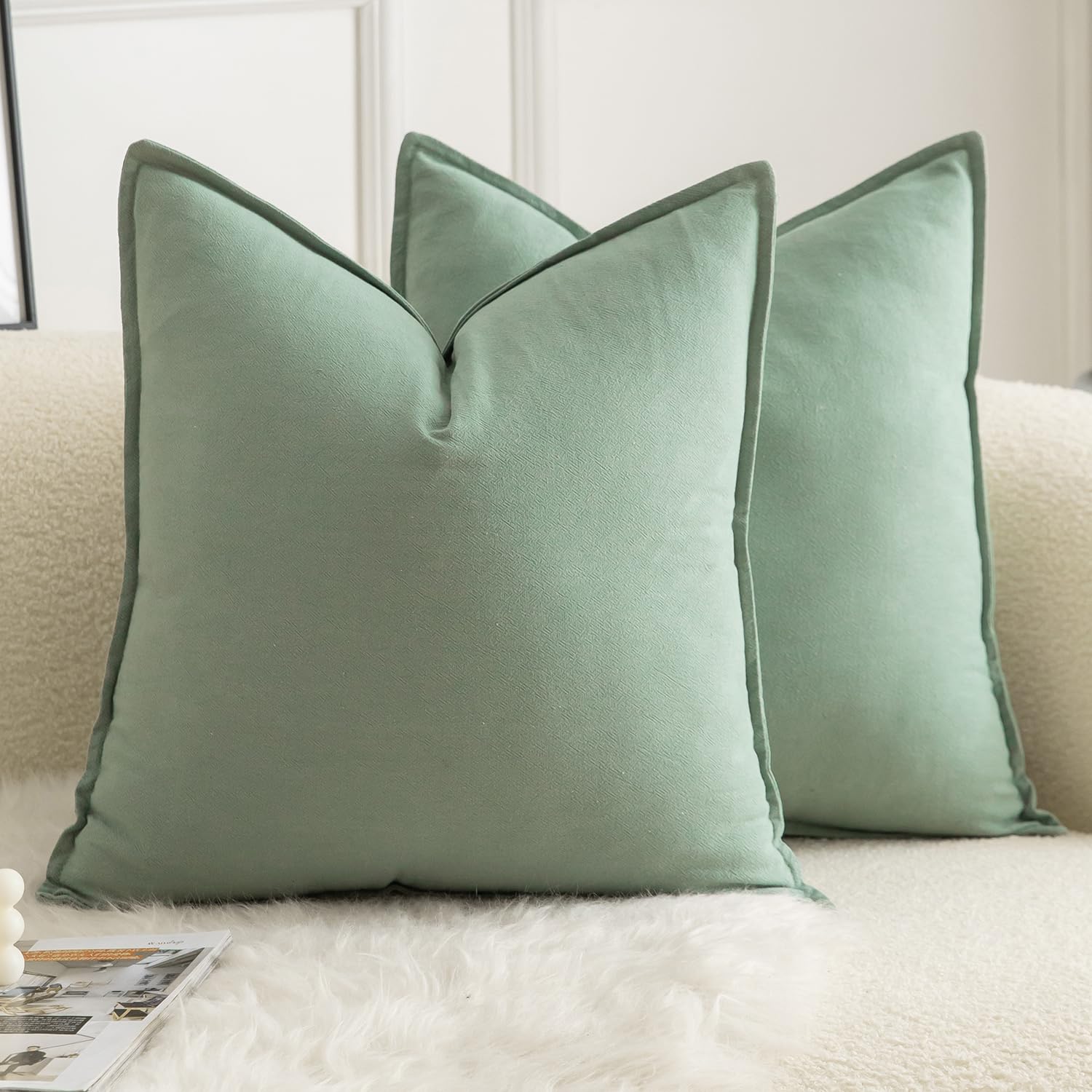 Mandioo Pack of 2 Neutral cotton Cushion Covers 65x65 cm 26x26 inch Solid Decorative Couch Throw Pillowcase Boho Farmhouse Home Decor for Sofa Living Room Bed Bedroom Sage Green