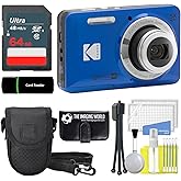 Kodak PIXPRO FZ55 Blue 16MP Digital Camera 5X Optical Zoom 28mm Wide Angle 1080P Full HD Video 2.7" LCD Camera + 64GB Card and Reader + Case + Memory Wallet + Tripod + Cleaning Bundle