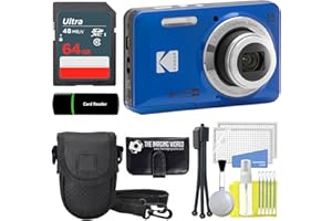 THE IMAGING WORLD Kodak PIXPRO FZ55 Blue 16MP Digital Camera 5X Optical Zoom 28mm Wide Angle 1080P Full HD Video 2.7" LCD Camera + 64GB Card and Reader + Case + Memory Wallet + Tripod + Cleaning Bundle