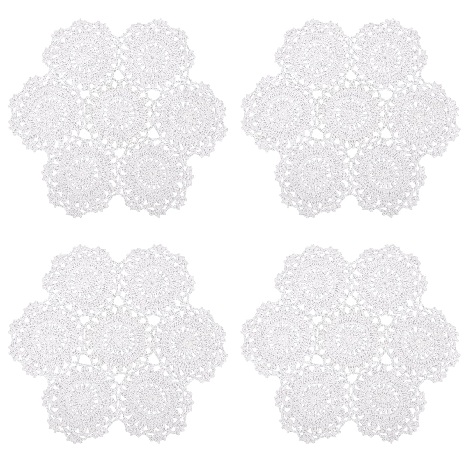 kilofly Crochet Cotton Lace Table Placemats Doilies Pack, 4pc, White, Blossoms, 10 inch