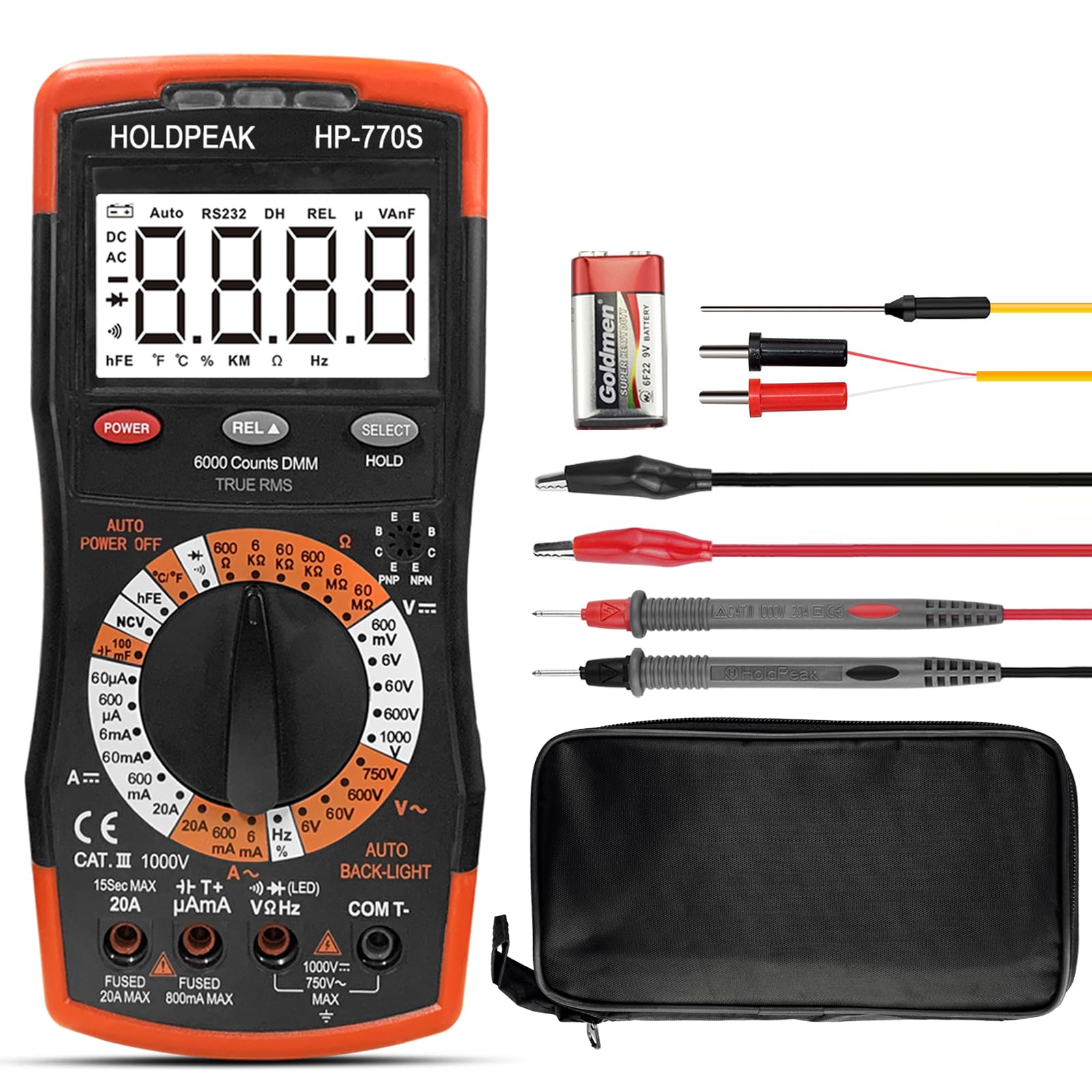 HoldPeak Digital Multimeter HP-770S 6000 Counts Manual Ranging,Accurately Measure for AC/DC Voltage Tester/NCV, Resistance, Frequency, Continuity, Diode, hFE