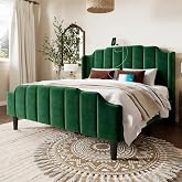Allewie Vintage Queen Size Velvet Platform Bed Frame, Green | Curved Vertical Tufted Wingback Headboard and Footboard, Charging Station, Under Bed Storage, No Box Spring Required