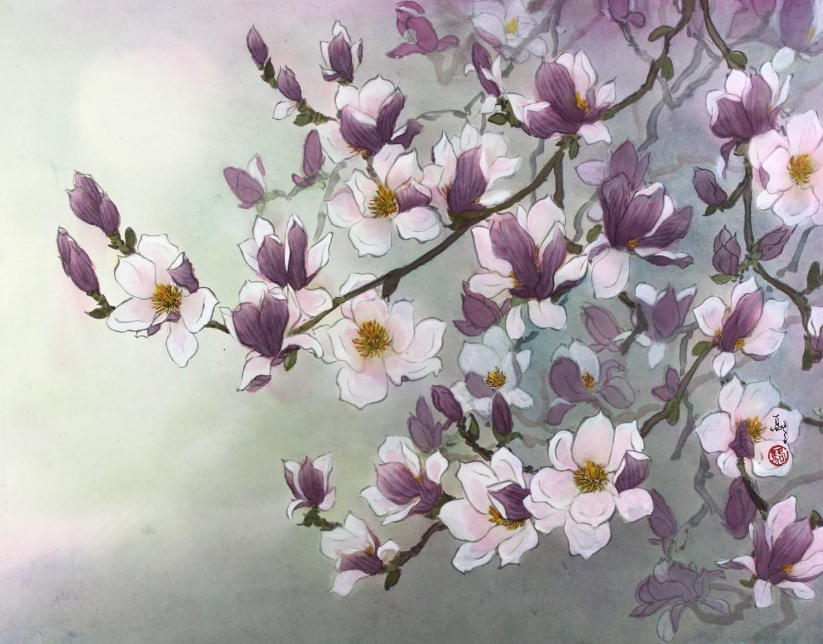 Joan Lok Magnolias in Moonlight, Poetic Magnolia Blossoms Glow Pink and Purple in The Moonlight, Giclée Print, Various Sizes