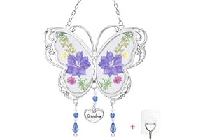 BOGDAN Crystal Butterfly Suncatcher with Pressed Flower Wings Mom Mother's Day Butterfly Glass Wind Chime Ornament Charm with Metal Heart Happy Birthday Gifts for Grandma with Free Hook (Grandma)