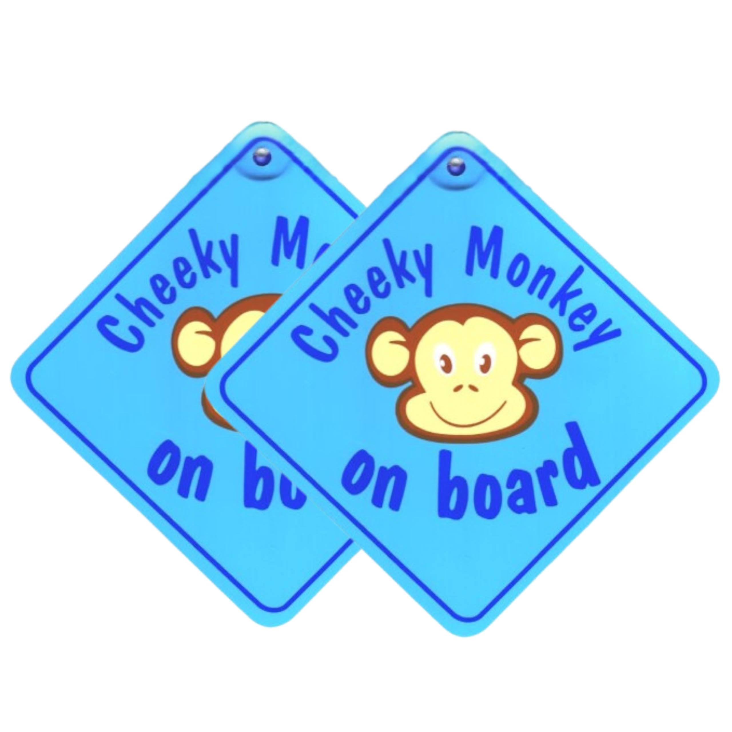 Tek Automotive Blue Cheeky Monkey Baby on Board Car Sign | 5.5" x 5.5" Twin Pack with Suction Cup | Fun Safety Badge for Kids