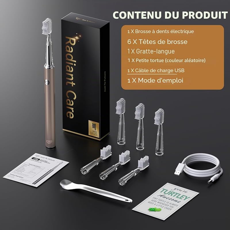Brosse À Dent Électrique Sonique avec Gratte Langue pour Adulte, 6 Têtes de Brosse, 3 Modes et 40 000 VPM, Charge Rapide 3H 45 Jours, Aspect Métal (Or Rose)