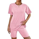 Ekouaer Two Piece Sets for Women Summer Outfits 2026 Lounge Set Crew Neck Tshirts Biker Short Sweatsuit with Pocket