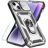 SunStory Compatible with iPhone 14 Plus Case with HD Screen Protector & Slide Camera Cover & Rotated Ring Kickstand, [Military-Grade] Phone Case for iPhone 14 Plus (Silver)