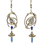 Celestial Statement Earrings, 3D Design Orbital Dangle Jewelry, Gold and Blue Two-Tone, Metallic Geometric Sphere Design Drop Dangle Earrings for Women