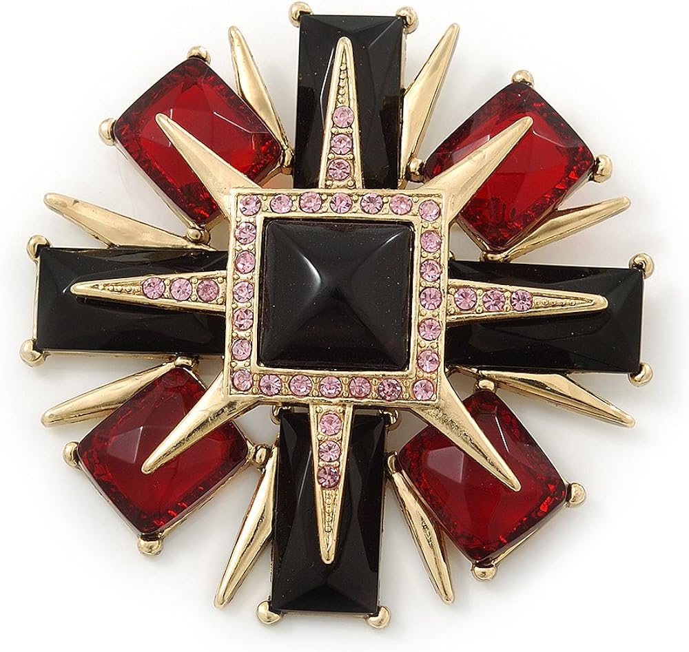 Victorian Style Black/Red Resin Stone Layered Cross Brooch In Gold Tone Metal - 75mm Across, black, red